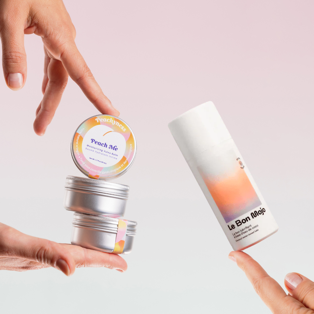 Le duo de choc pour prendre soins de ton intimité et prendre du plaisir. Retrouve notre soin apaisant et hydratant intime, Peach Me et le lubrifiant gel naturel du Bon Mojo.